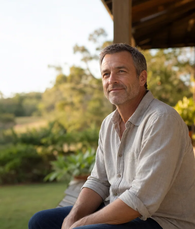 A man sitting on a shaded veranda in warm afternoon light, looking calmly into the distance.