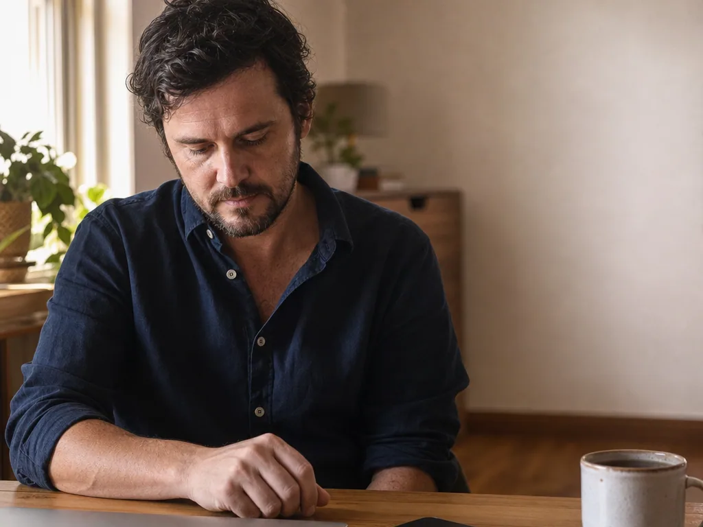 A man sitting at his kitchen table at home in warm afternoon light, with a closed laptop and a face-down phone beside him.
