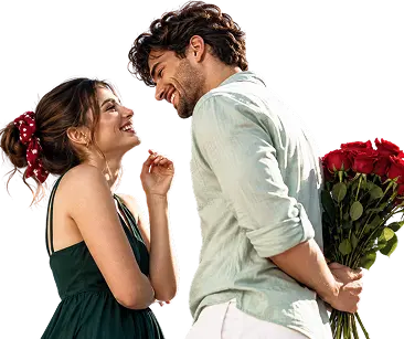 A couple sharing a Valentine’s moment with a bouquet of roses